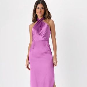 Glamorous Desires Purple Satin Sleeveless Halter Midi Dress